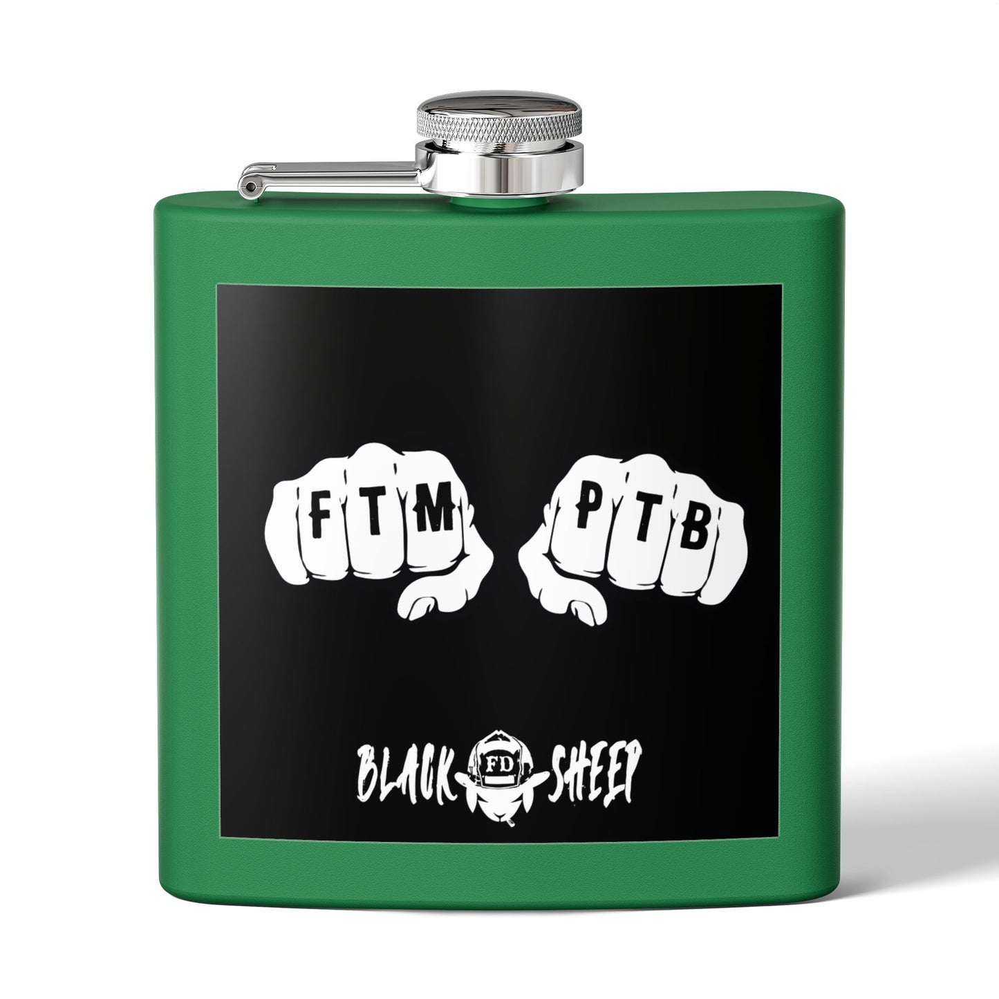 6oz Stainless Steel Flask — Black Sheep 'FTMP PTB' Knuckle Tattoo Design