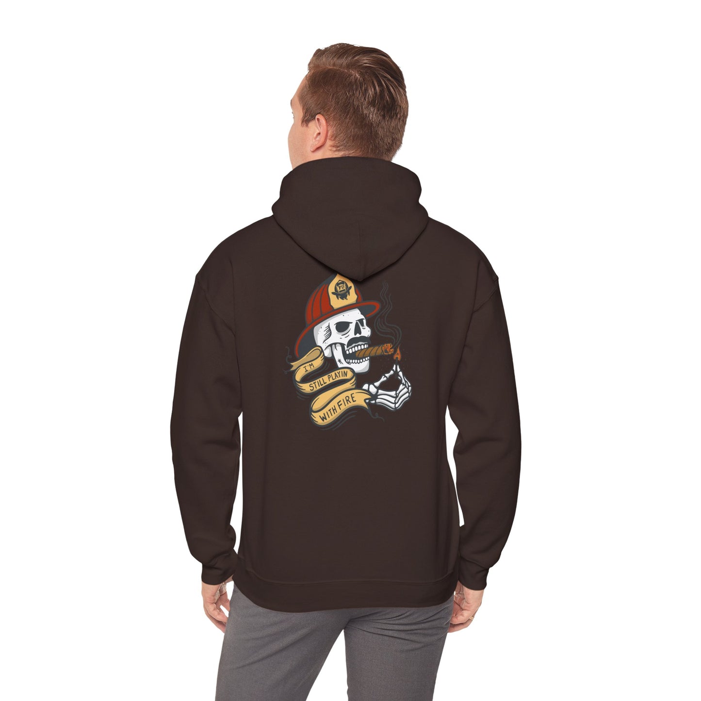 Firefighter Skull "Still Playing with Fire" Hoodie, Unisex Heavy Blend Sweatshirt