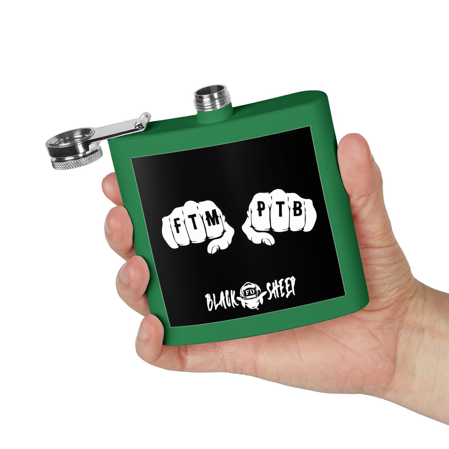 6oz Stainless Steel Flask — Black Sheep 'FTMP PTB' Knuckle Tattoo Design
