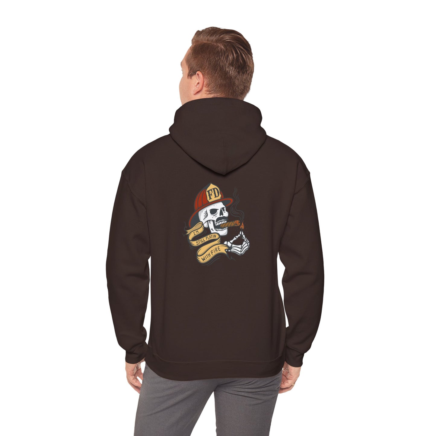 Firefighter Skull "Still Playing with Fire" Hoodie, Unisex Heavy Blend Sweatshirt