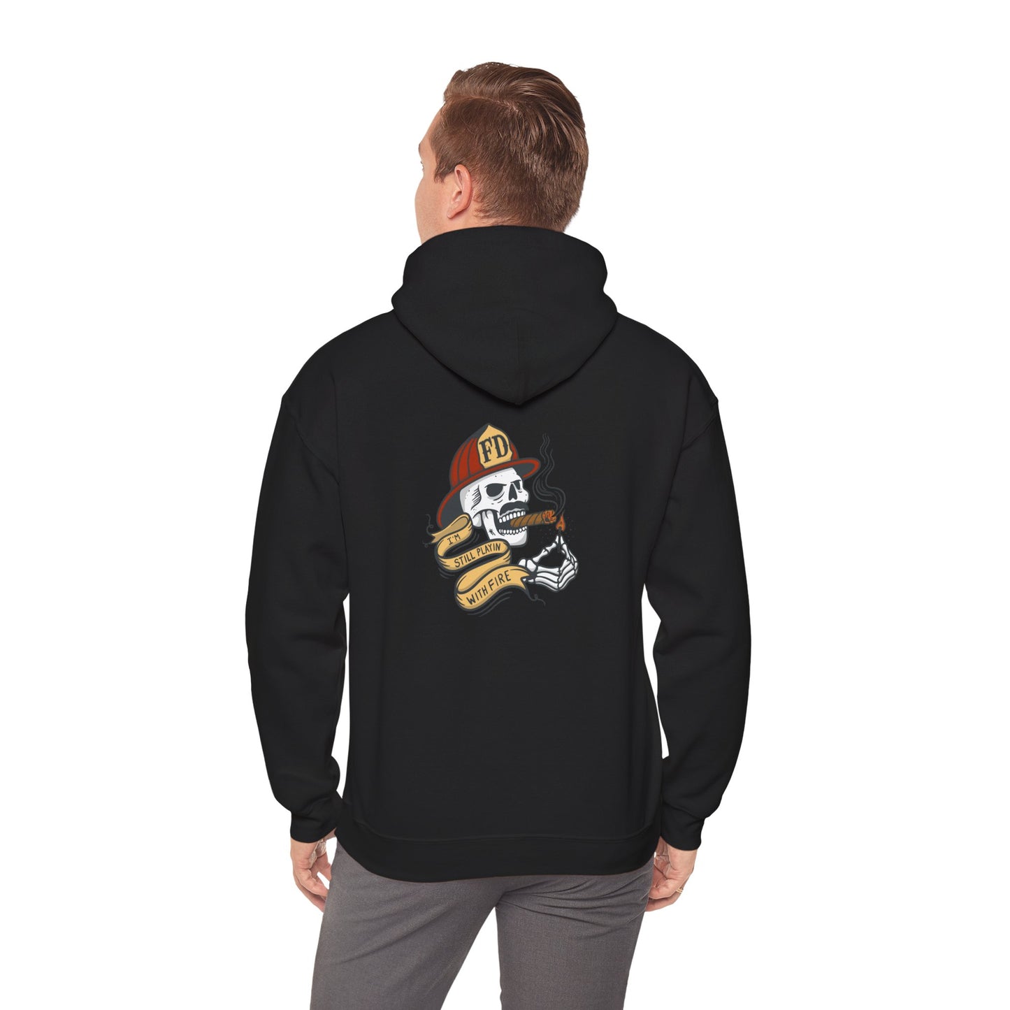 Firefighter Skull "Still Playing with Fire" Hoodie, Unisex Heavy Blend Sweatshirt