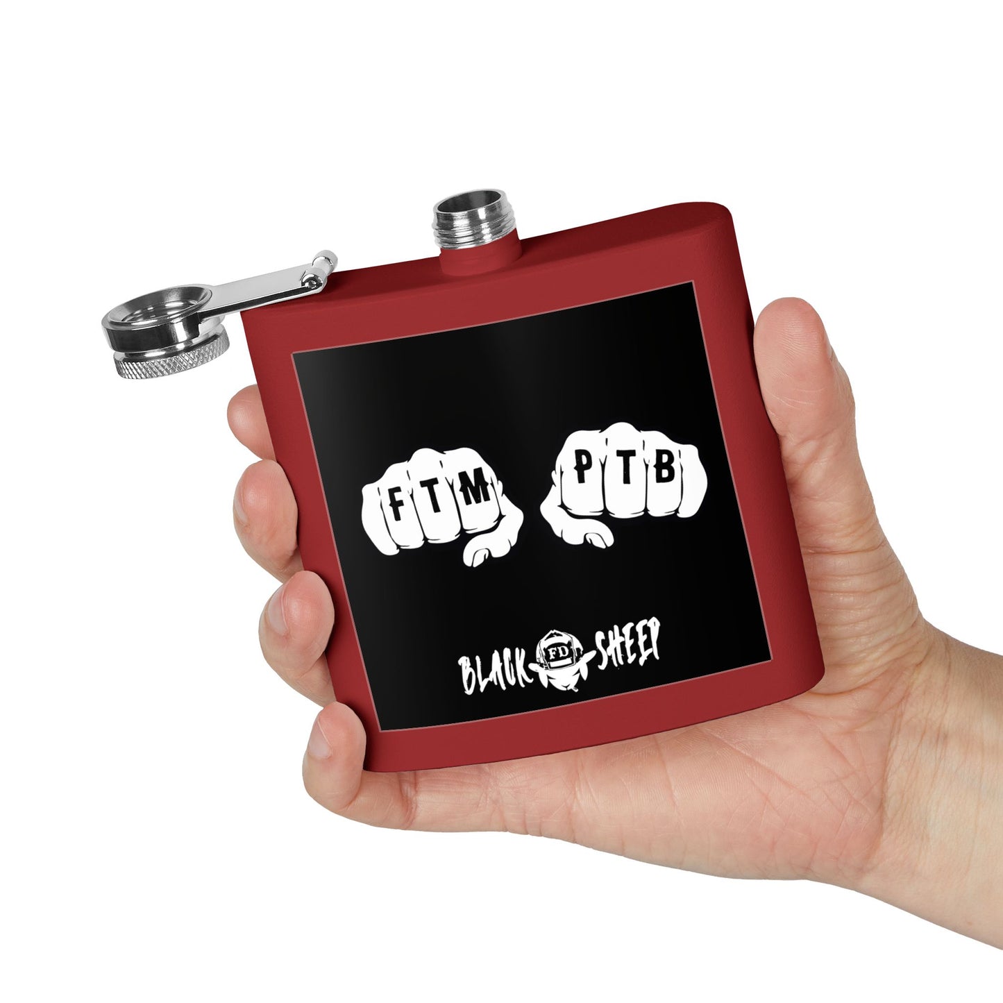 6oz Stainless Steel Flask — Black Sheep 'FTMP PTB' Knuckle Tattoo Design