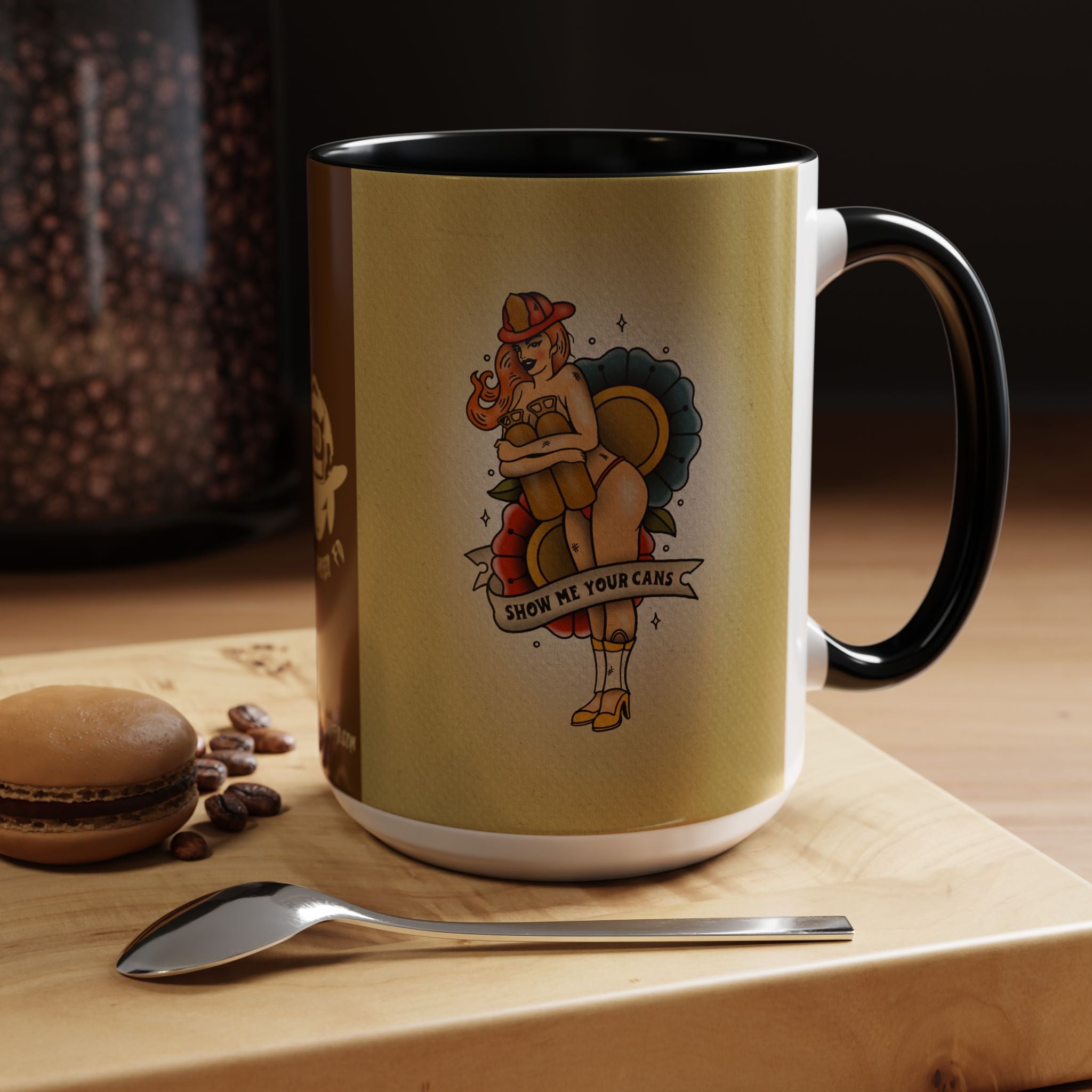 Firefighter Pin-Up Coffee Mug – "Show Me Your Cans" Retro Firefighter Design (15oz)