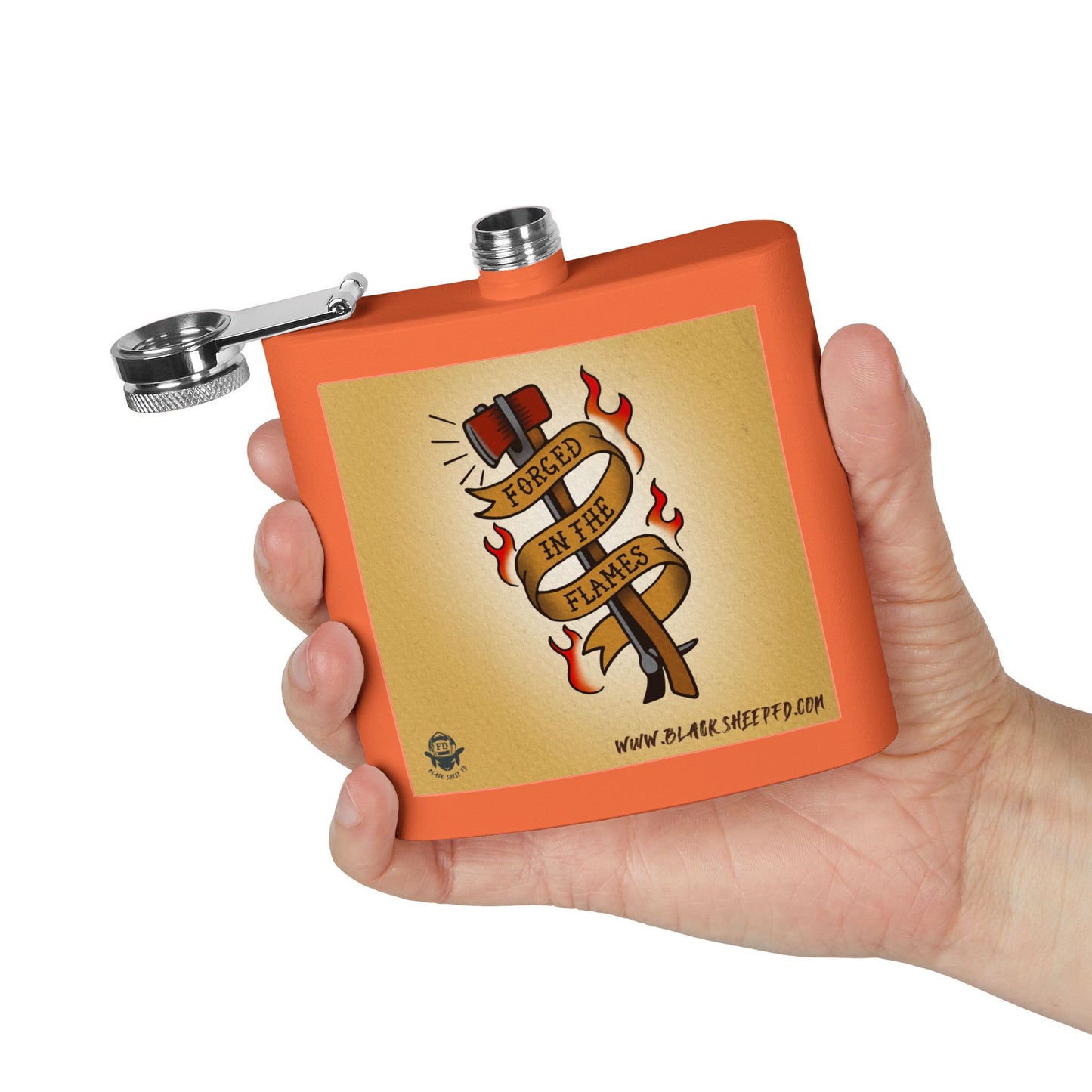 "Forged In The Flames" Stainless Steel Flask - 6oz Tattoo-Style Hip Flask