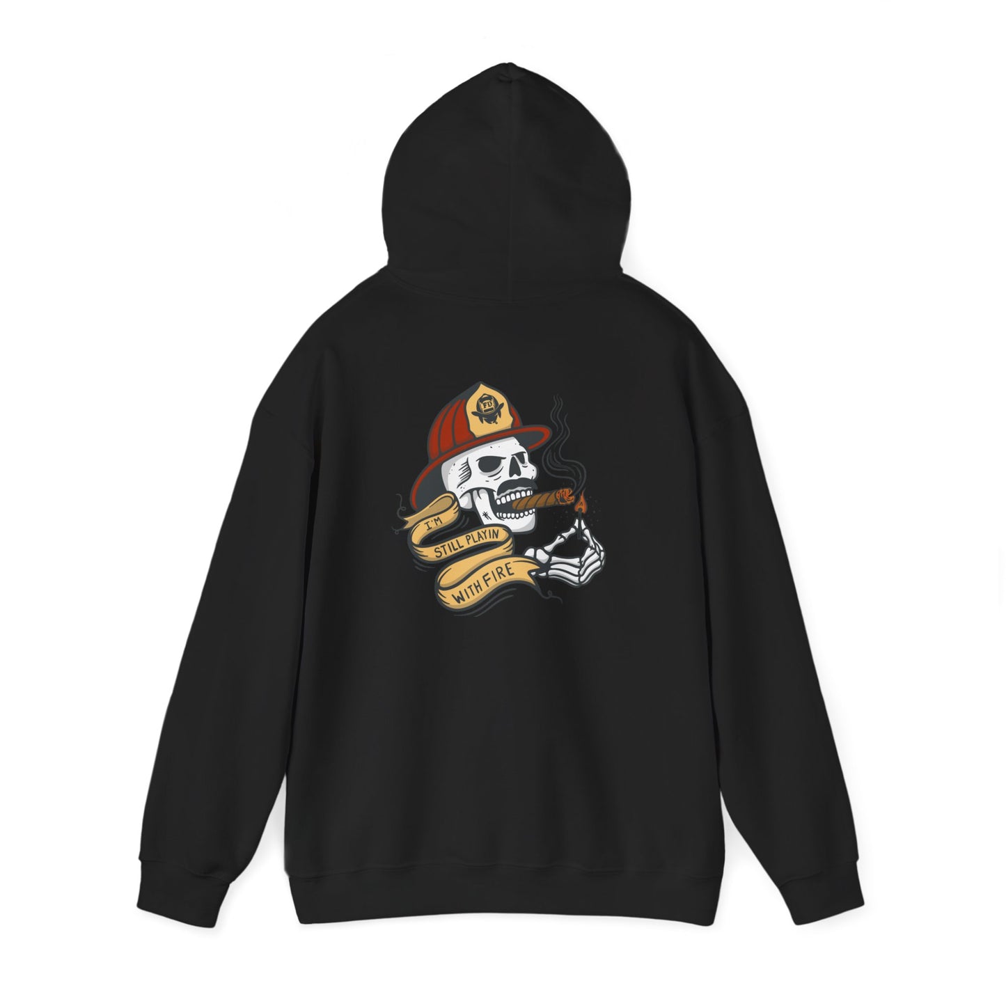 Firefighter Skull "Still Playing with Fire" Hoodie, Unisex Heavy Blend Sweatshirt
