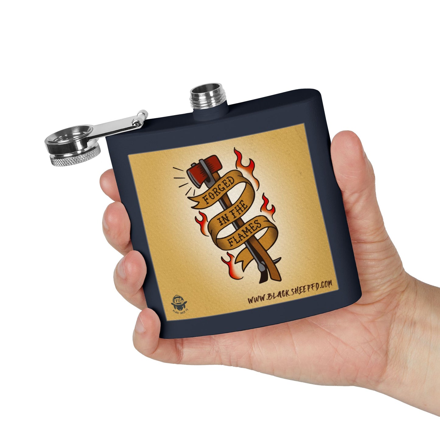 "Forged In The Flames" Stainless Steel Flask - 6oz Tattoo-Style Hip Flask