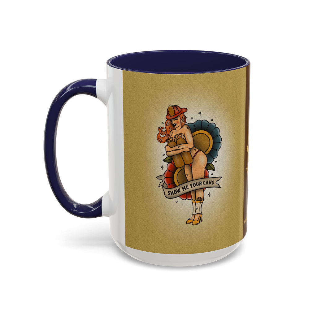 Firefighter Pin-Up Coffee Mug – "Show Me Your Cans" Retro Firefighter Design (15oz)