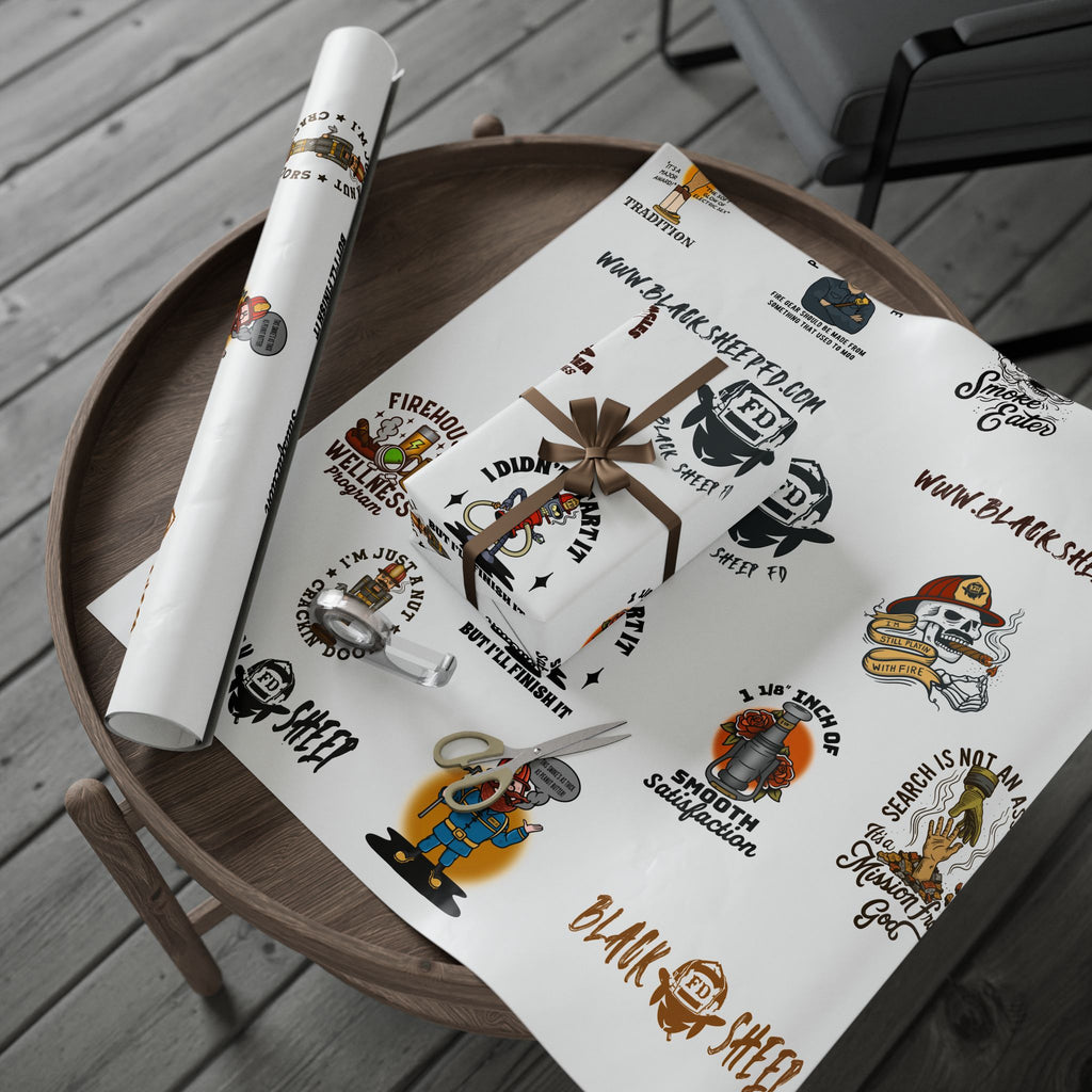WHITE Wrapping Paper Roll — Retro Black Sheep FD Pattern