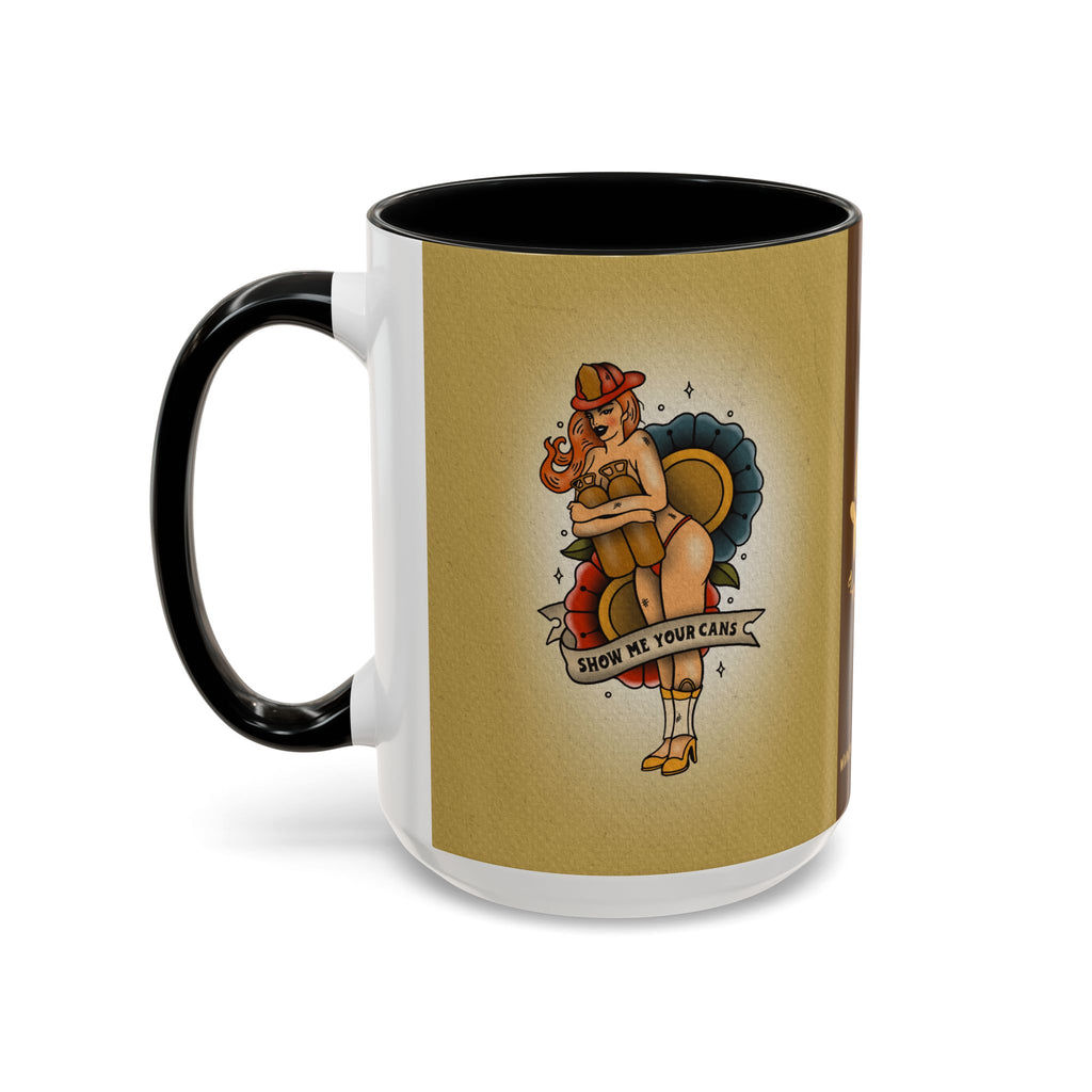 Firefighter Pin-Up Coffee Mug – "Show Me Your Cans" Retro Firefighter Design (15oz)