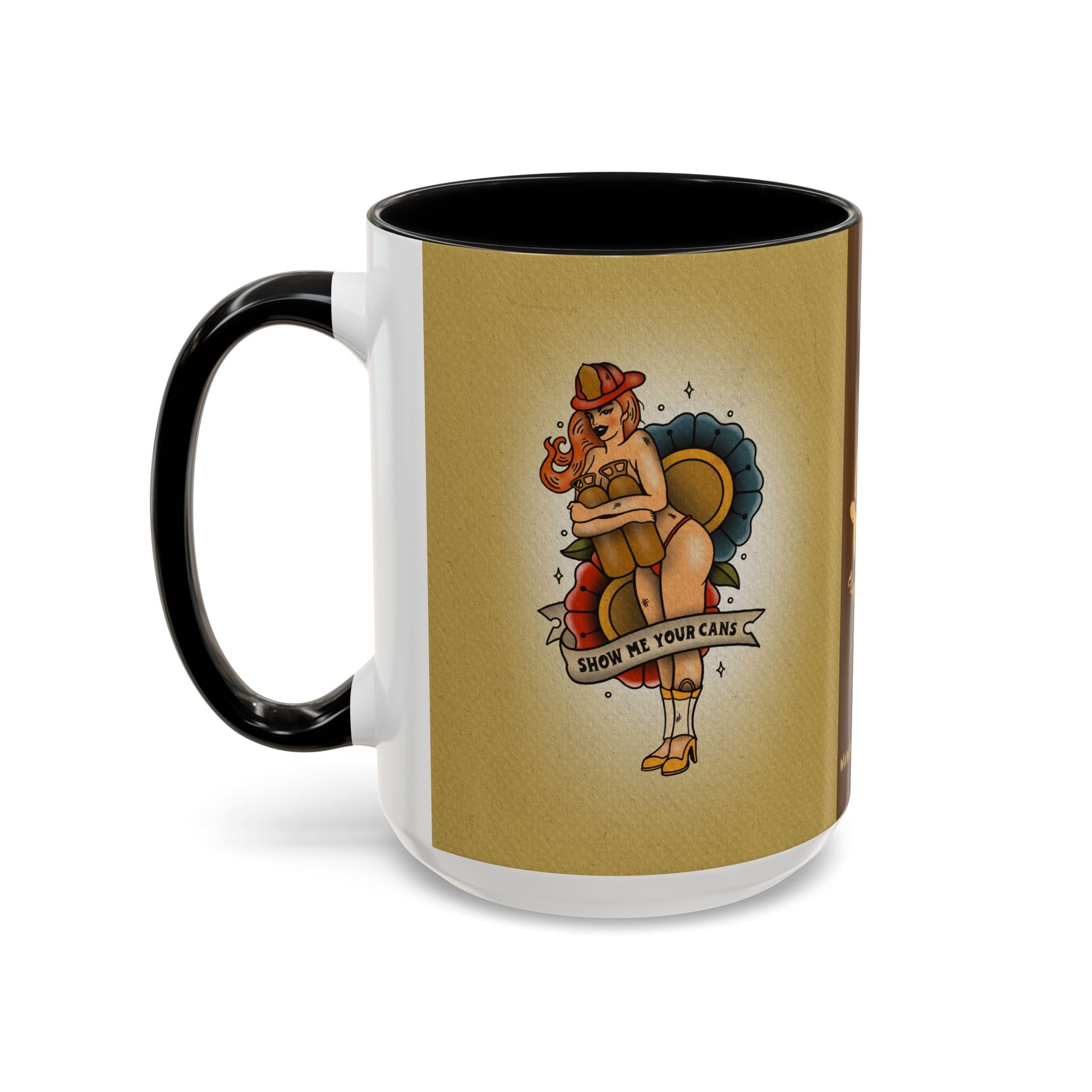Firefighter Pin-Up Coffee Mug – "Show Me Your Cans" Retro Firefighter Design (15oz)