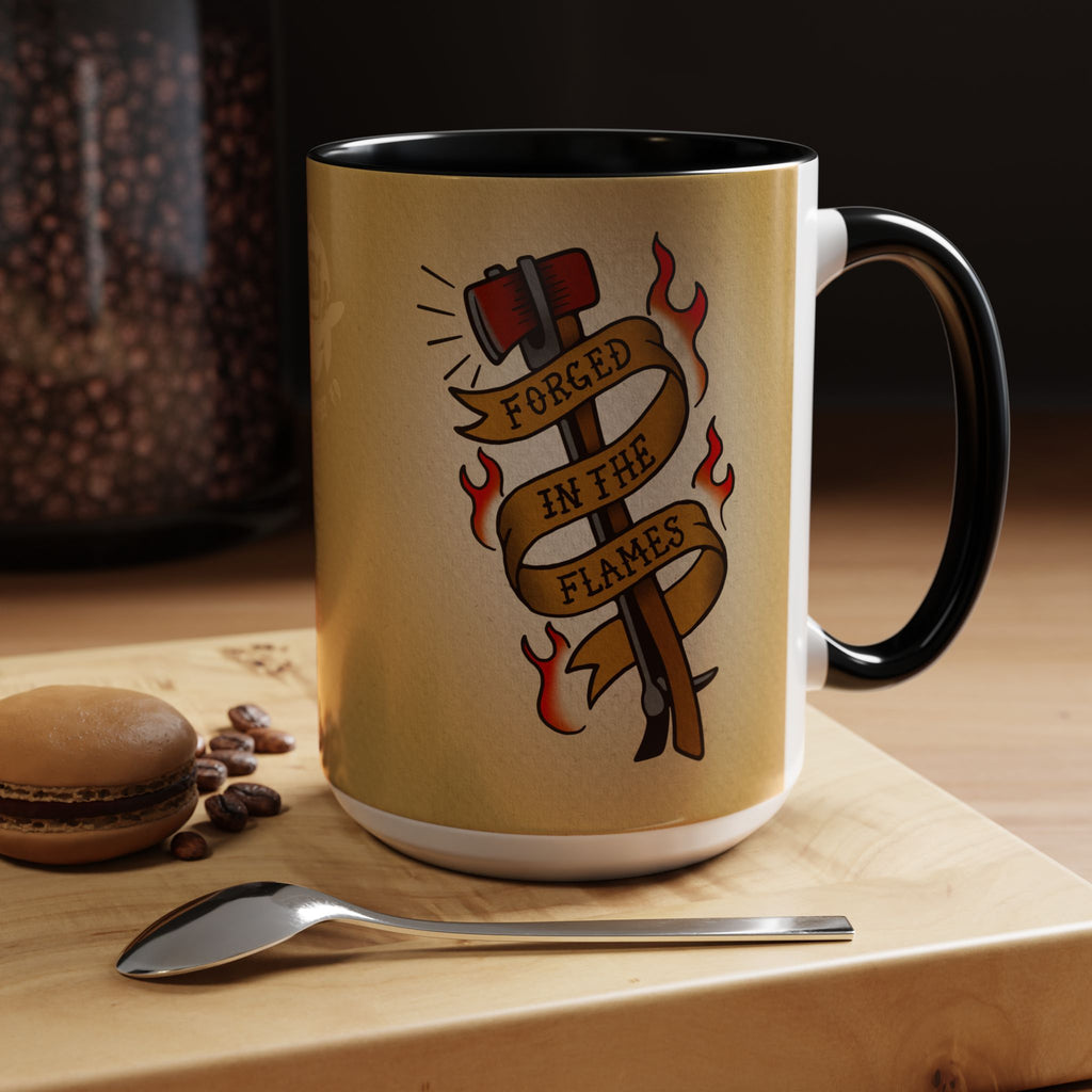 Forged in the Flames Coffee Mug — Firefighter Tattoo-Style Accent Mug