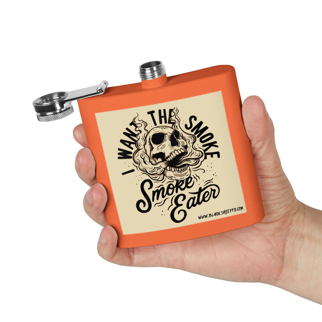 6oz Stainless Steel Flask — "I Want The Smoke / Smoke Eater" Skull Design