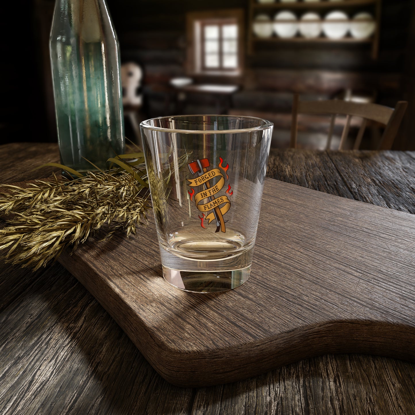 "Forged in the Flames" Irons Shot Glass — 1.5oz Tattoo-Style Firefighter Bar Glassware