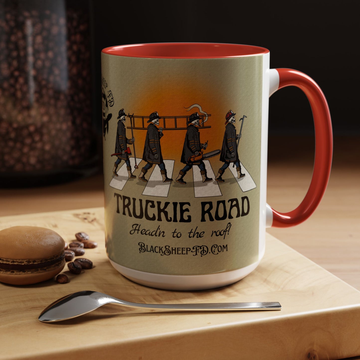 Truckie Road Coffee Mug — "Headin' to the Roof" Firefighter Band Design 15oz