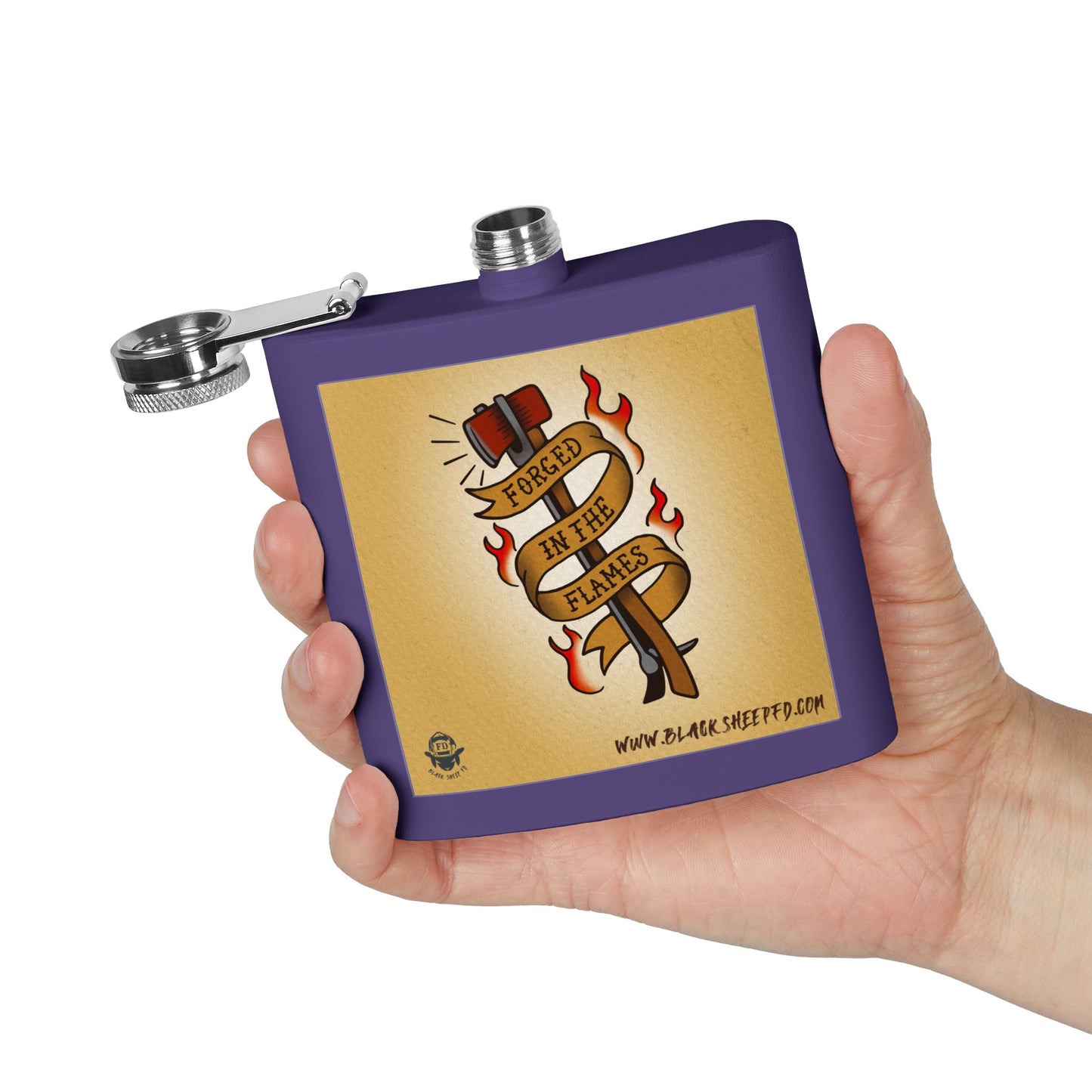 "Forged In The Flames" Stainless Steel Flask - 6oz Tattoo-Style Hip Flask