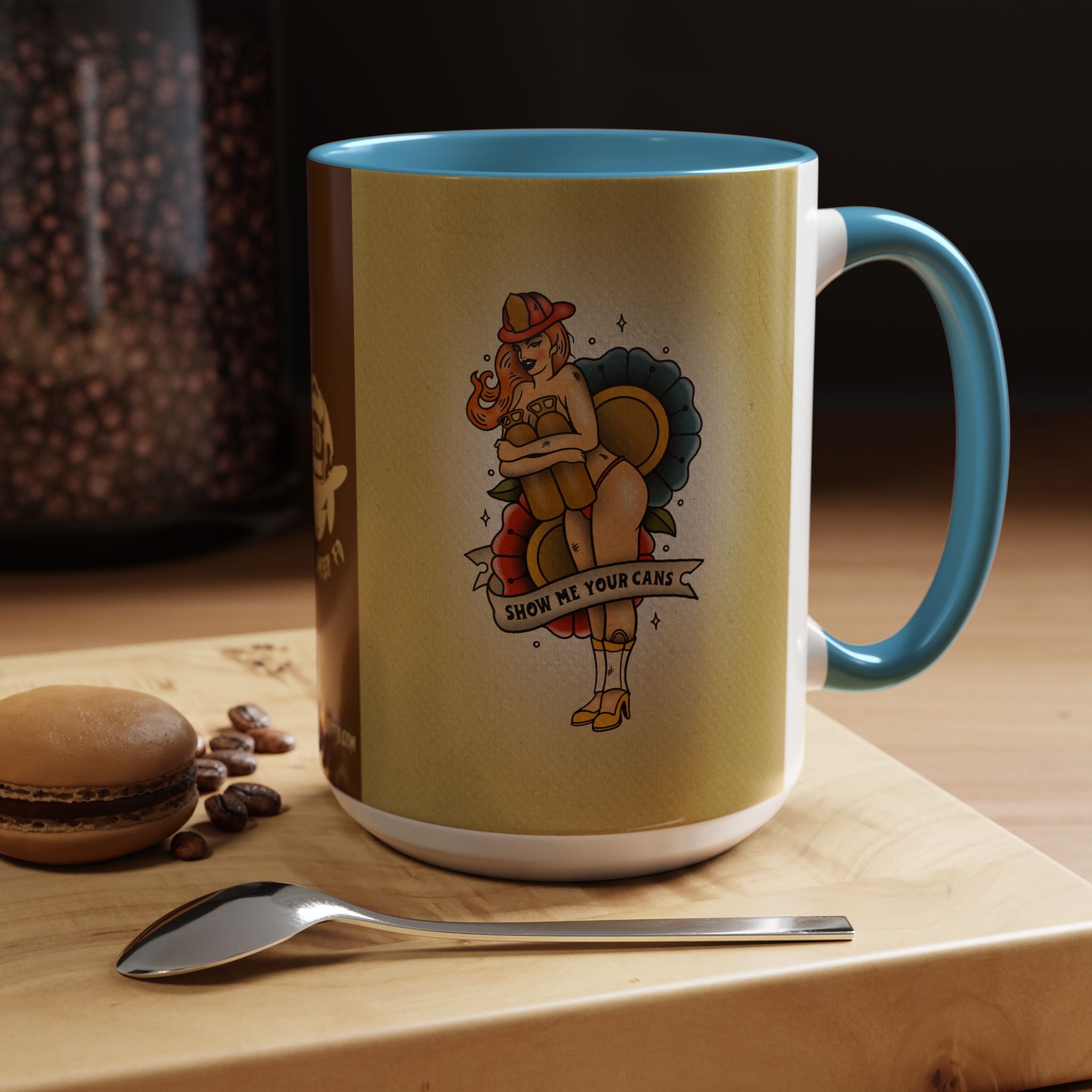 Firefighter Pin-Up Coffee Mug – "Show Me Your Cans" Retro Firefighter Design (15oz)