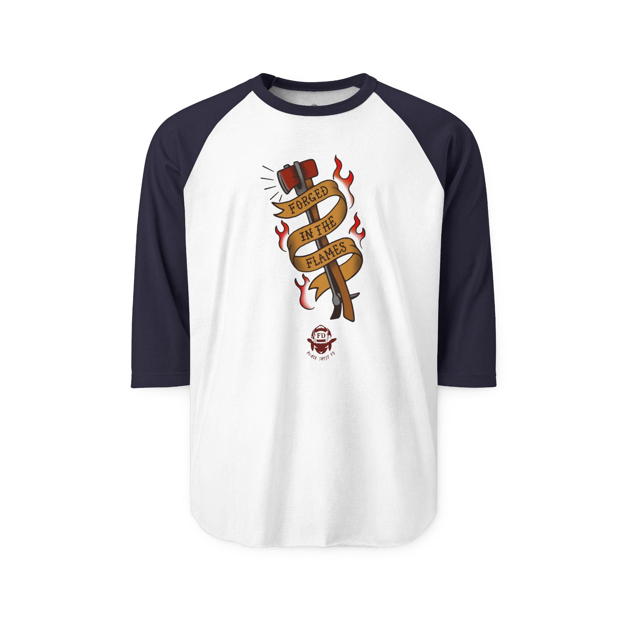 Firefighter Baseball Shirt — 'Forged in the Flames' Tattoo-Style Tee