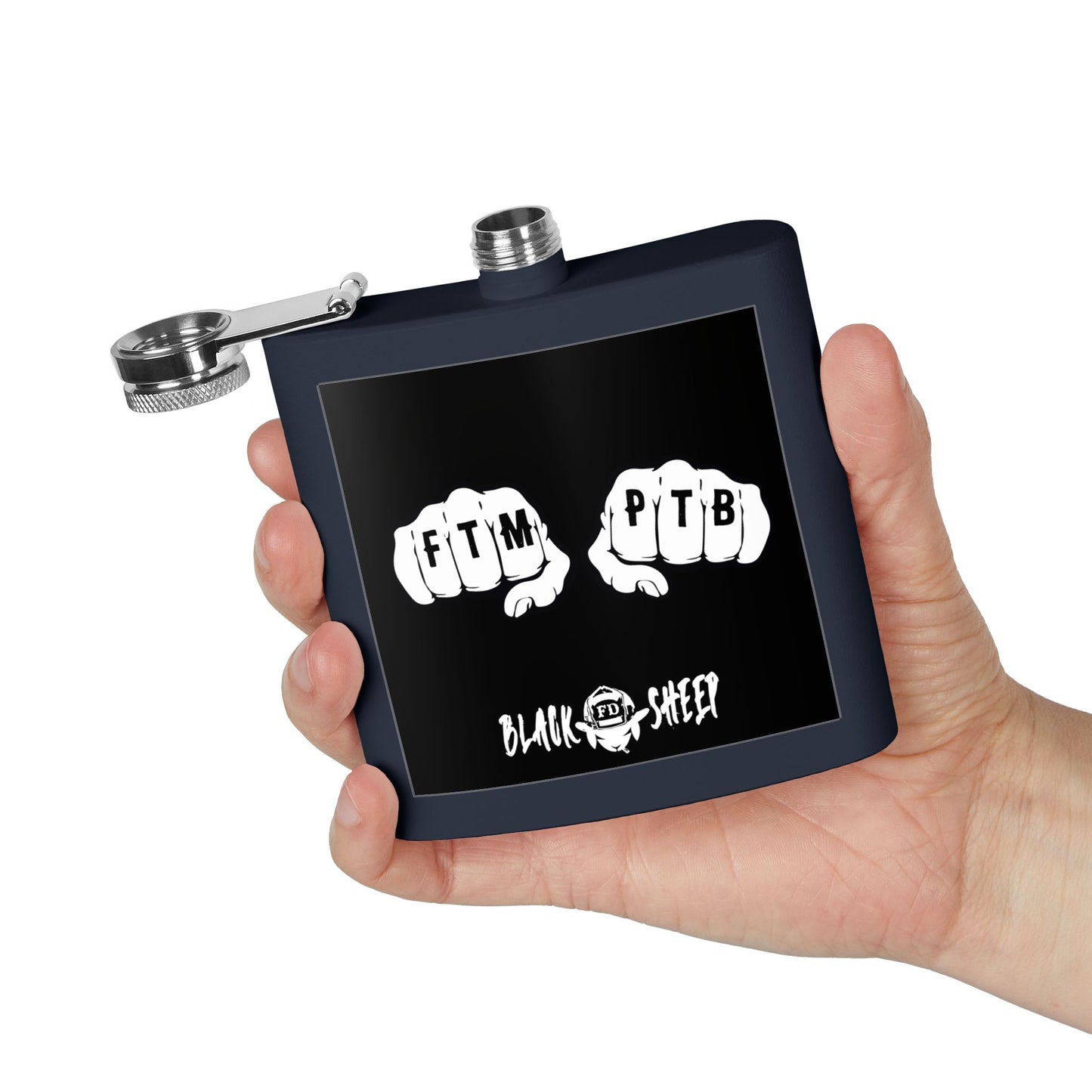 6oz Stainless Steel Flask — Black Sheep 'FTMP PTB' Knuckle Tattoo Design