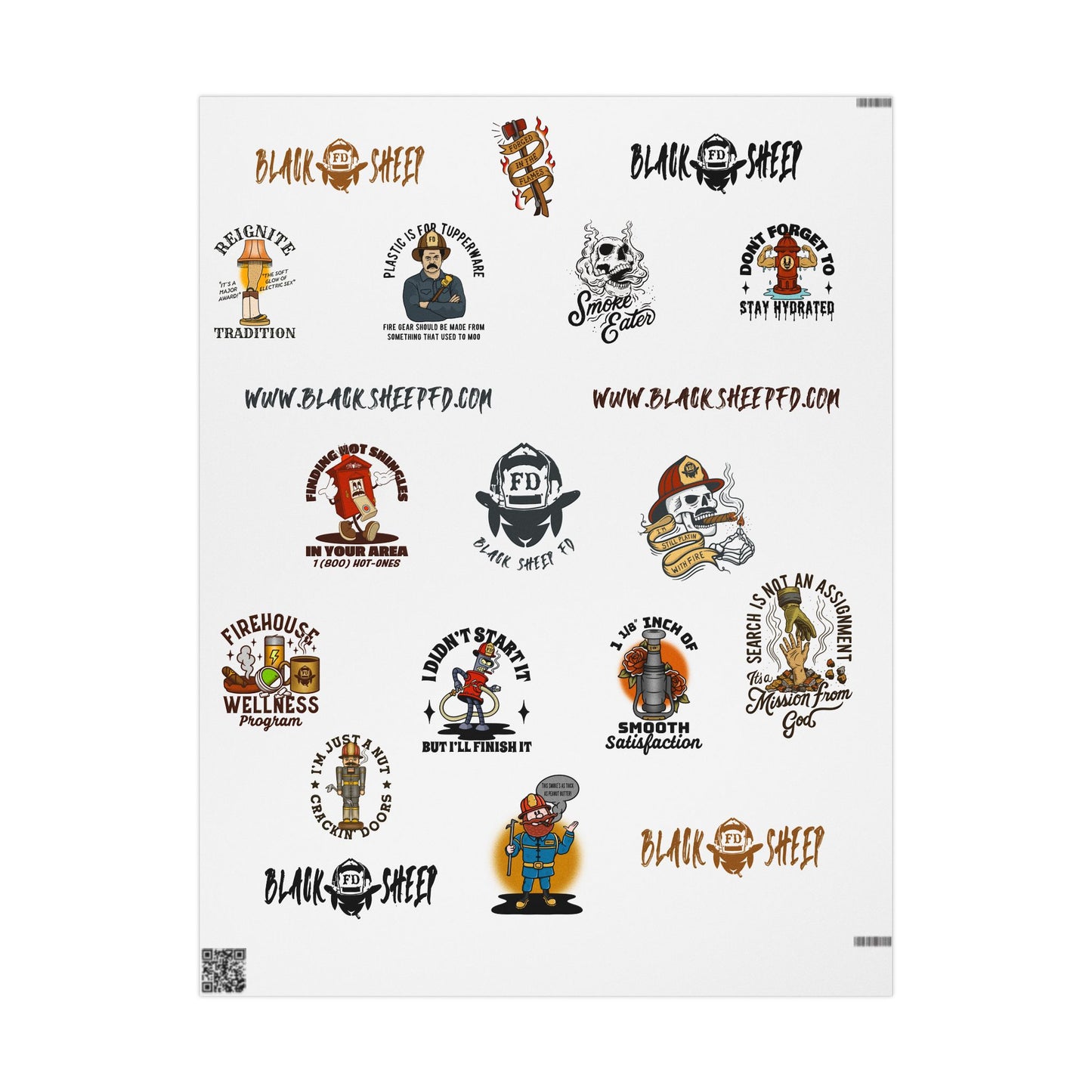 WHITE Wrapping Paper Roll — Retro Black Sheep FD Pattern