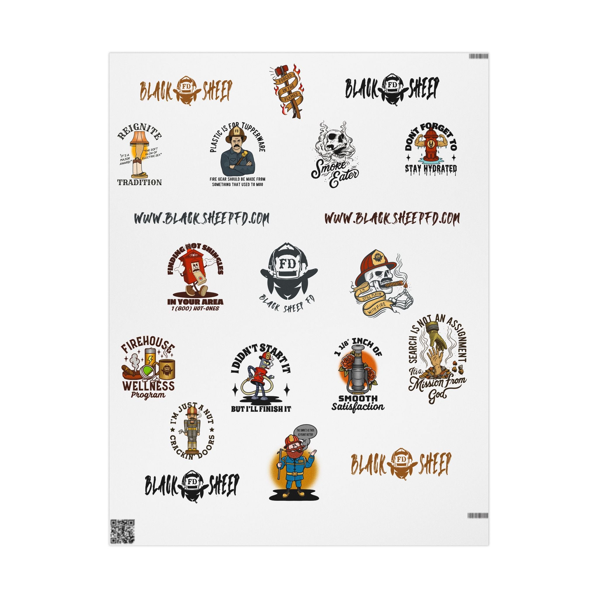 WHITE Wrapping Paper Roll — Retro Black Sheep FD Pattern