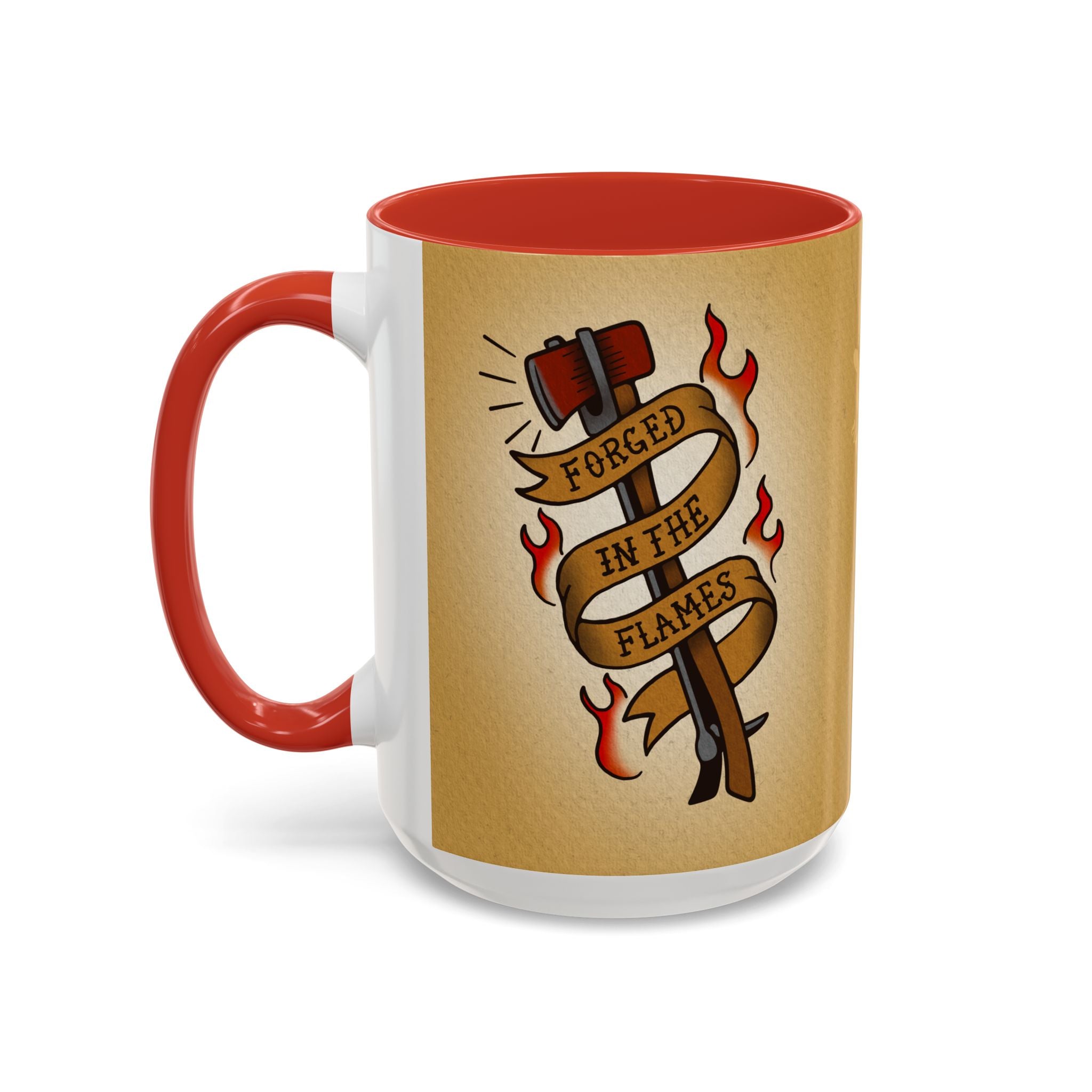 Forged in the Flames Coffee Mug — Firefighter Tattoo-Style Accent Mug