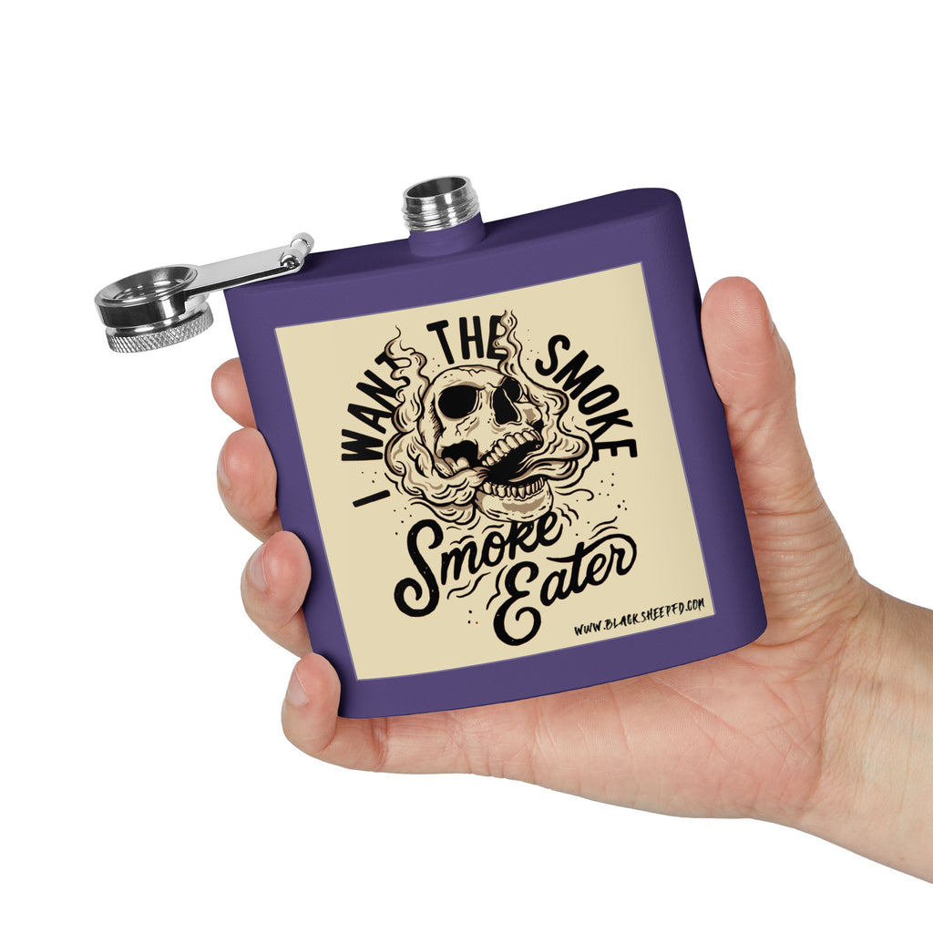 6oz Stainless Steel Flask — "I Want The Smoke / Smoke Eater" Skull Design