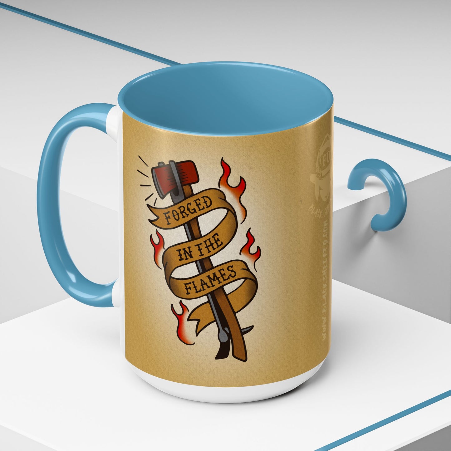 Forged in the Flames Coffee Mug — Firefighter Tattoo-Style Accent Mug