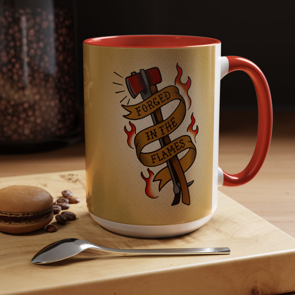 Forged in the Flames Coffee Mug — Firefighter Tattoo-Style Accent Mug