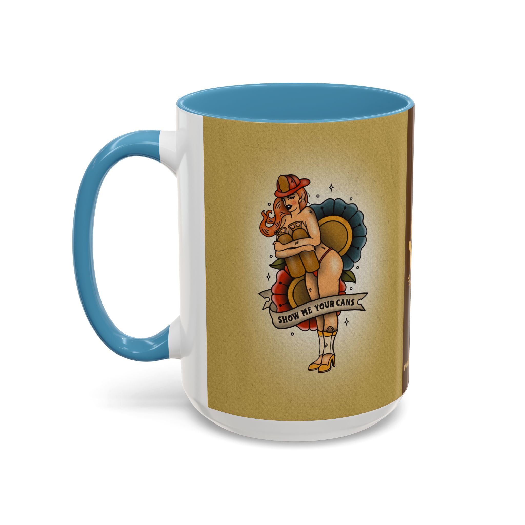 Firefighter Pin-Up Coffee Mug – "Show Me Your Cans" Retro Firefighter Design (15oz)