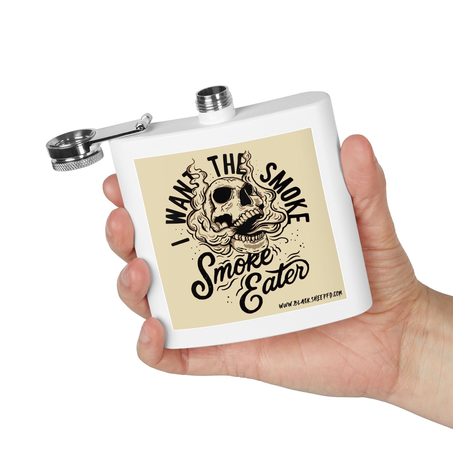 6oz Stainless Steel Flask — "I Want The Smoke / Smoke Eater" Skull Design
