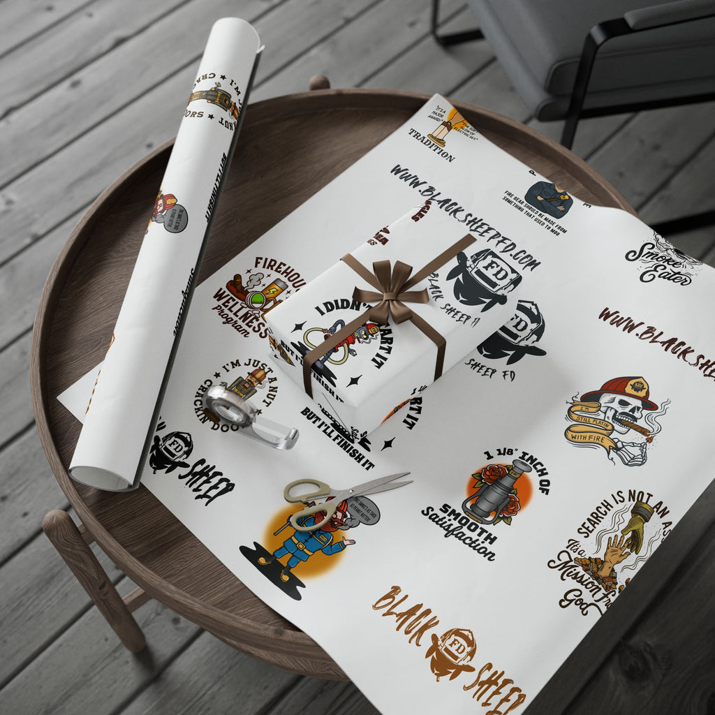WHITE Wrapping Paper Roll — Retro Black Sheep FD Pattern