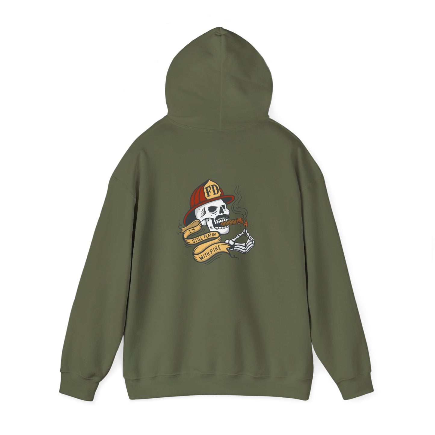 Firefighter Skull "Still Playing with Fire" Hoodie, Unisex Heavy Blend Sweatshirt