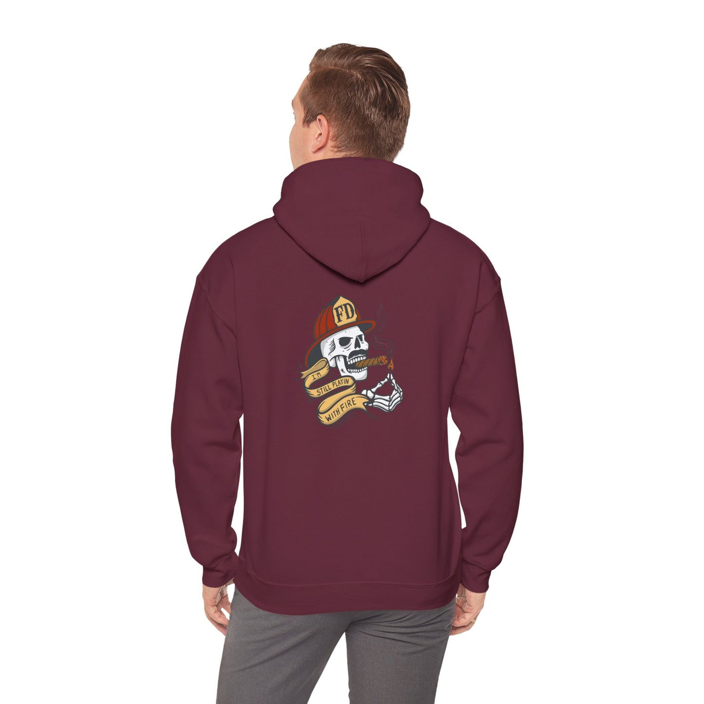 Firefighter Skull "Still Playing with Fire" Hoodie, Unisex Heavy Blend Sweatshirt