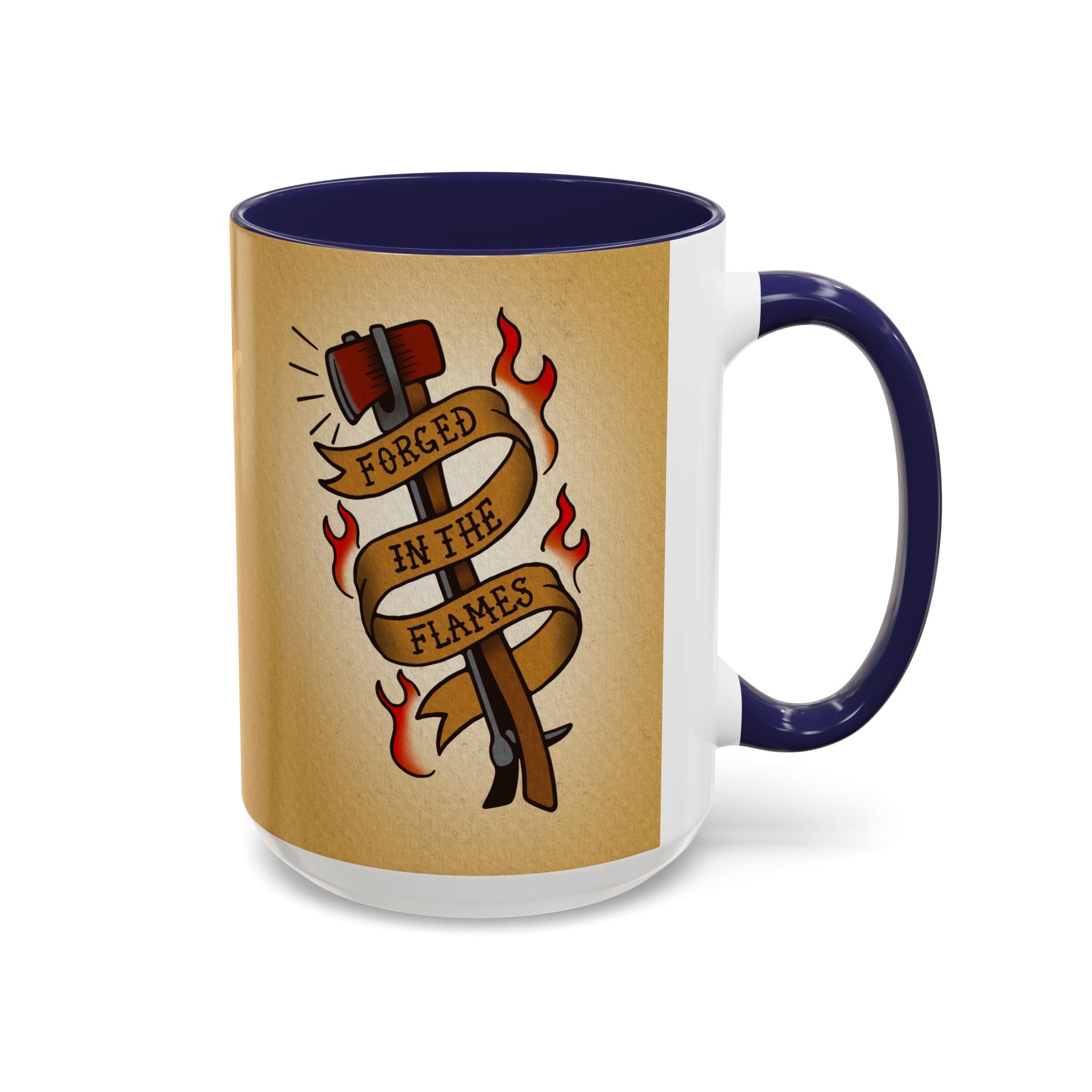 Forged in the Flames Coffee Mug — Firefighter Tattoo-Style Accent Mug