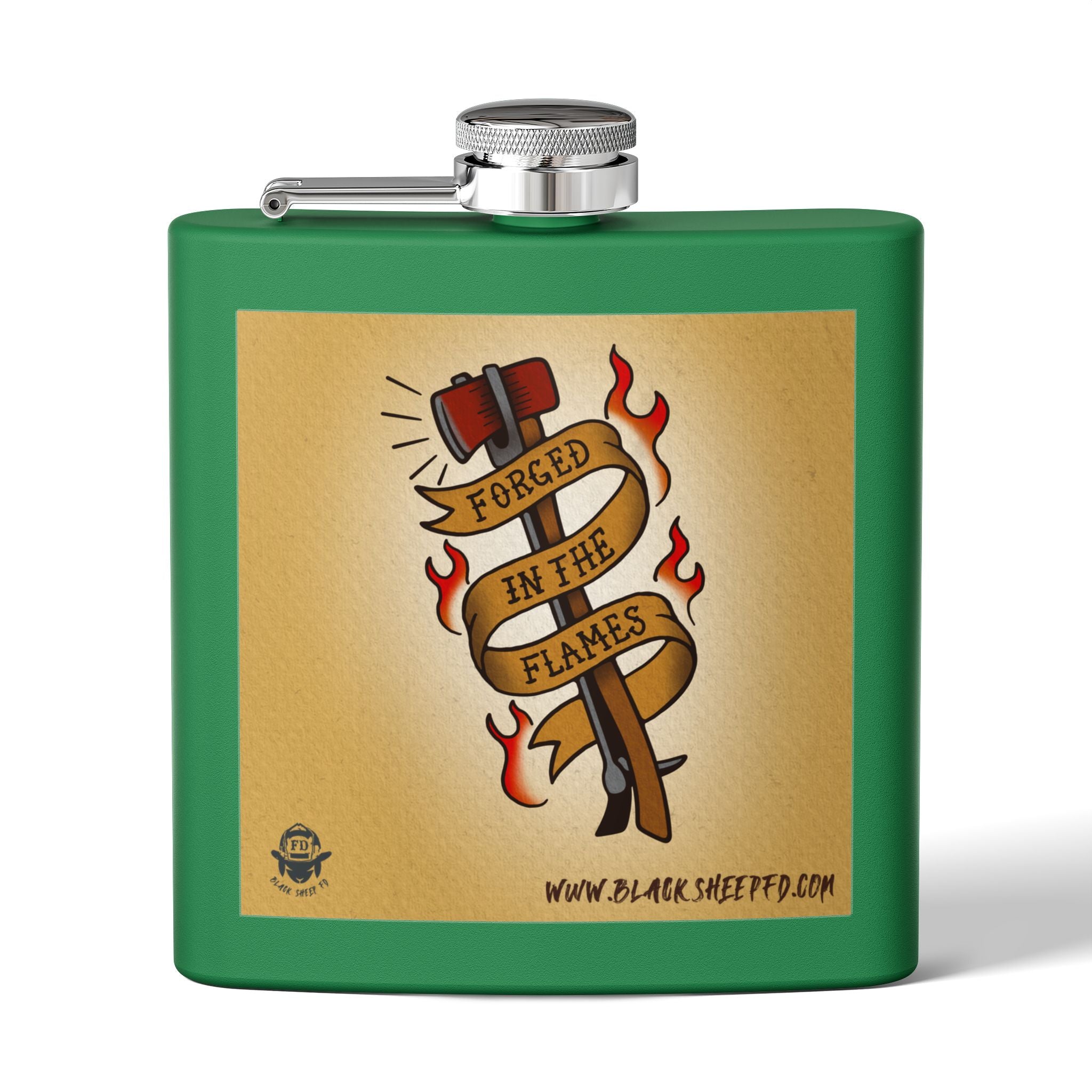"Forged In The Flames" Stainless Steel Flask - 6oz Tattoo-Style Hip Flask
