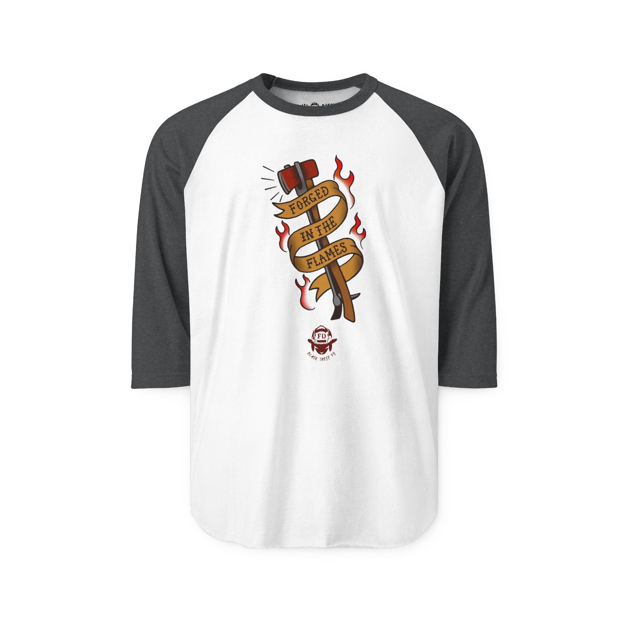 Firefighter Baseball Shirt — 'Forged in the Flames' Tattoo-Style Tee