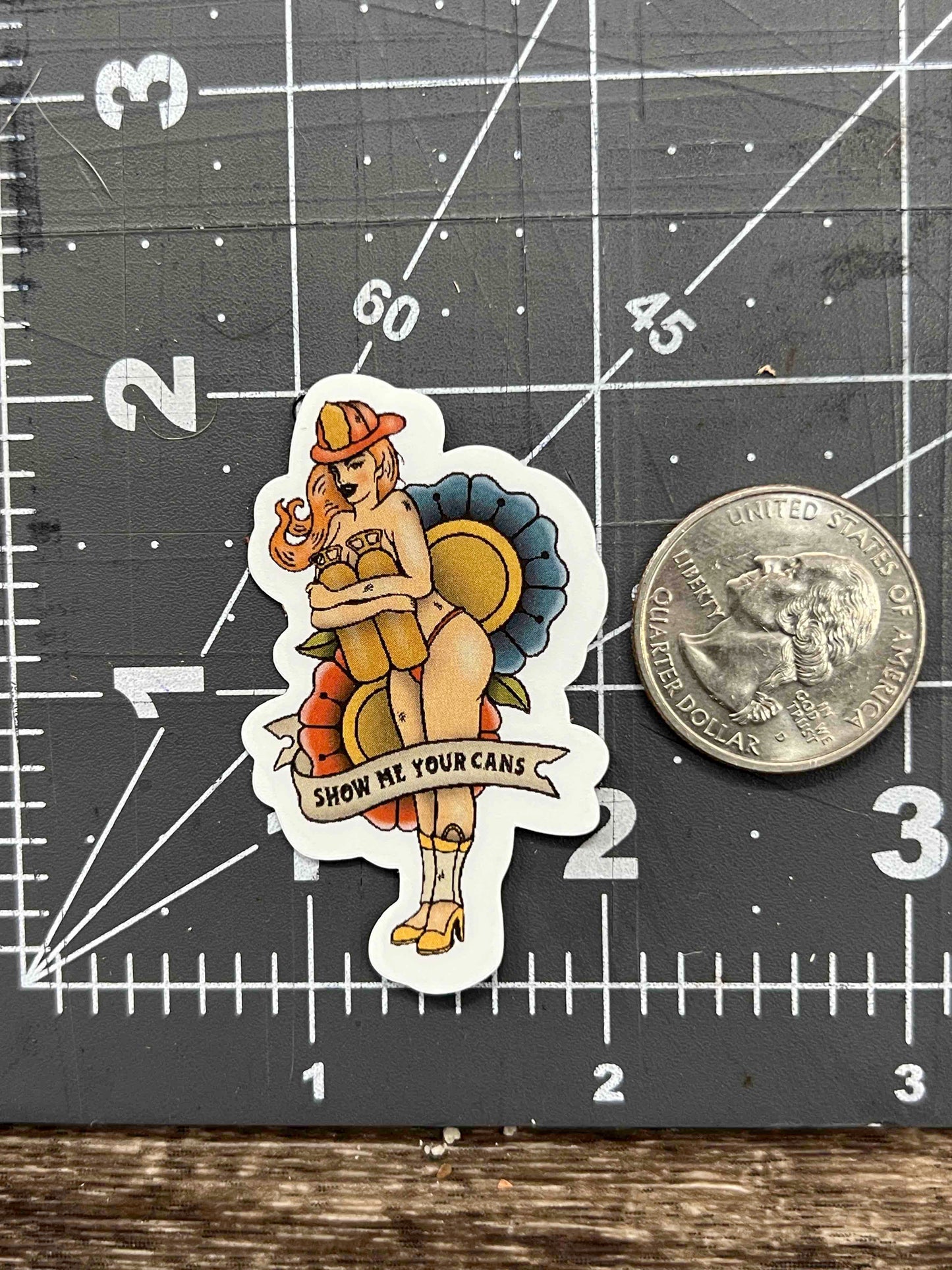 "Show Me Your Cans" - Firefighter Pin Up Sticker Retro Tattoo Art Style