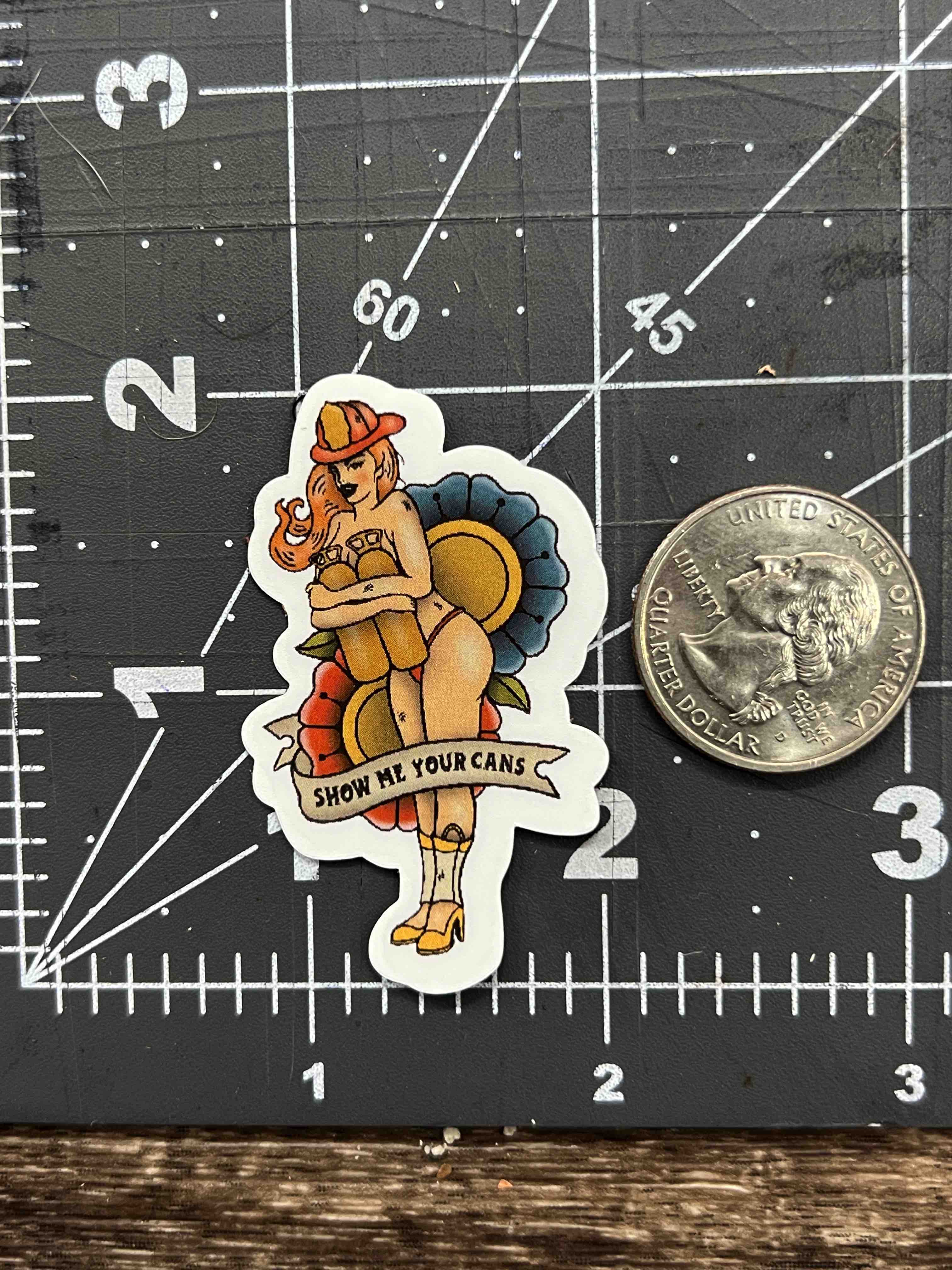 "Show Me Your Cans" - Firefighter Pin Up Sticker Retro Tattoo Art Style