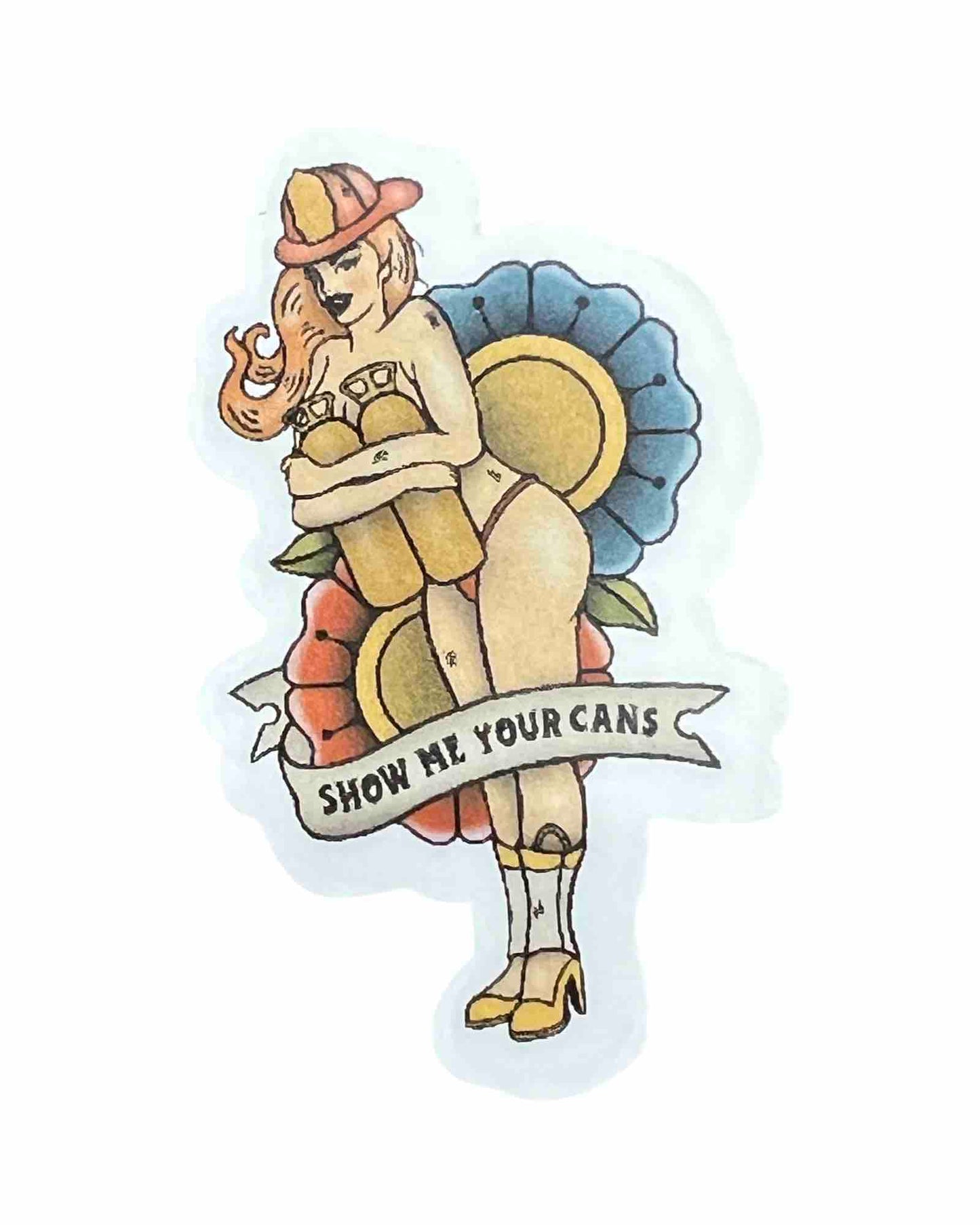 "Show Me Your Cans" - Firefighter Pin Up Sticker Retro Tattoo Art Style