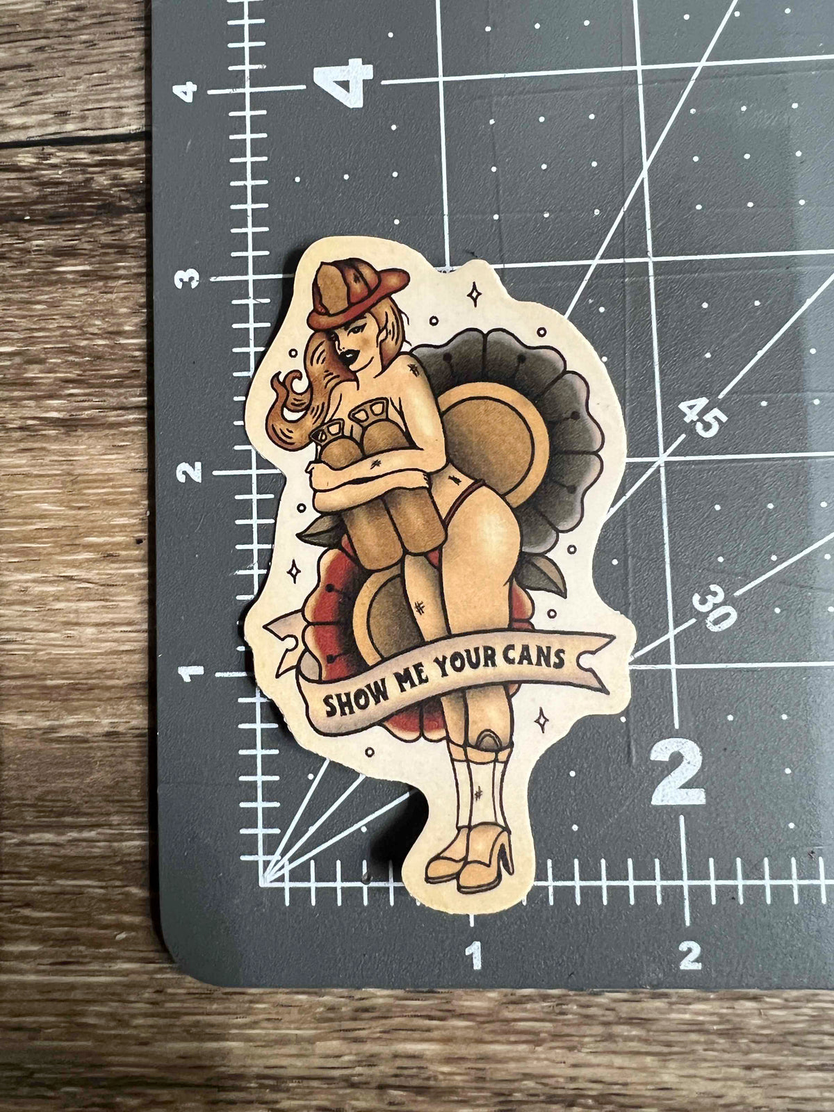 "Show Me Your Cans" - Pin Up Sticker Retro Tattoo Art Style (BOLD/Large Version)