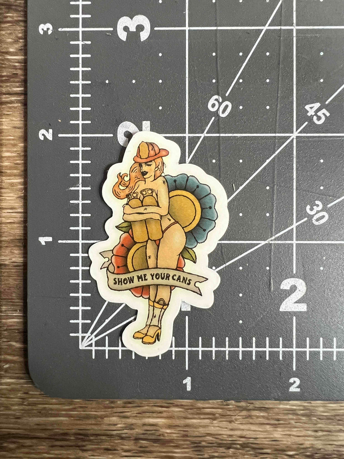 "Show Me Your Cans" - Firefighter Pin Up Sticker Retro Tattoo Art Style (Discrete/Small Version)