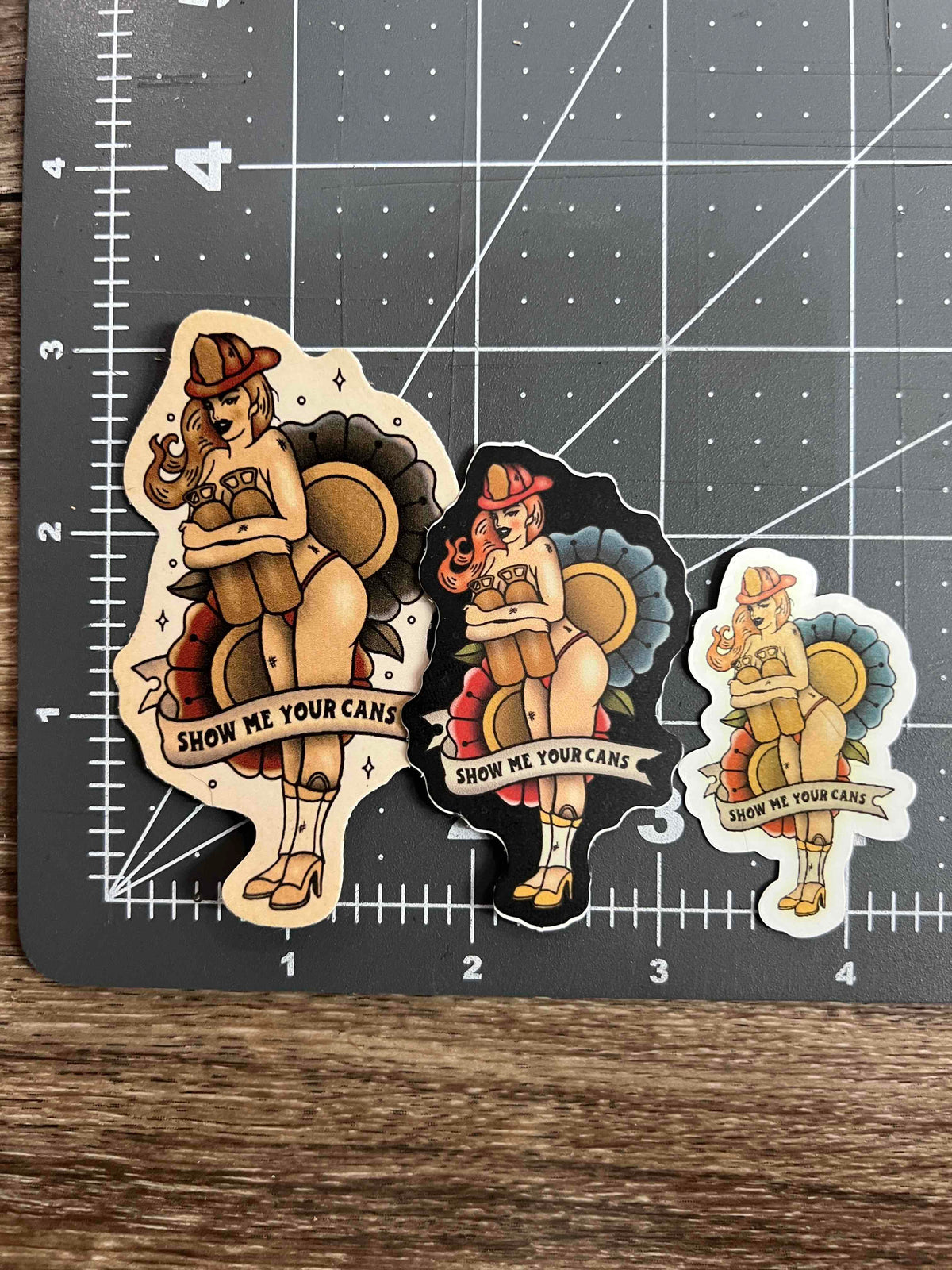 "Show Me Your Cans" Retro Tattoo Style Sticker Triple Pack