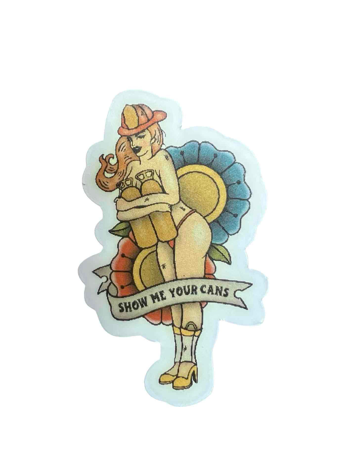 "Show Me Your Cans" - Firefighter Pin Up Sticker Retro Tattoo Art Style (Discrete/Small Version)